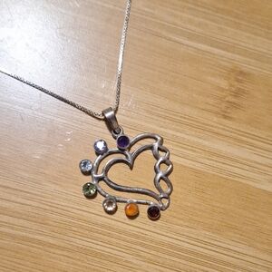 Silver Heart Pendant Necklace with Multicolor Gemstones